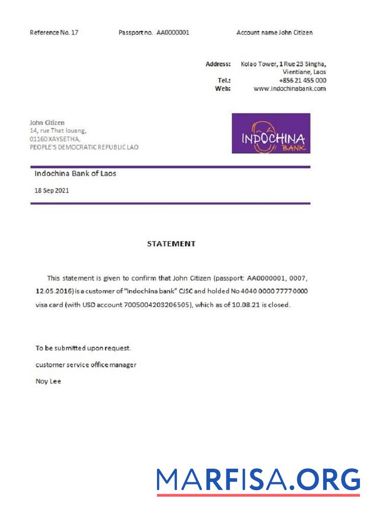 Downloadable Laos Indochina Bank closure reference example